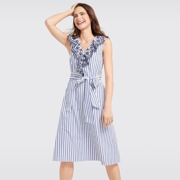 Draper James Lattice Stripe Ruffle Eyelet Dress White Blue - Picture 10 of 10